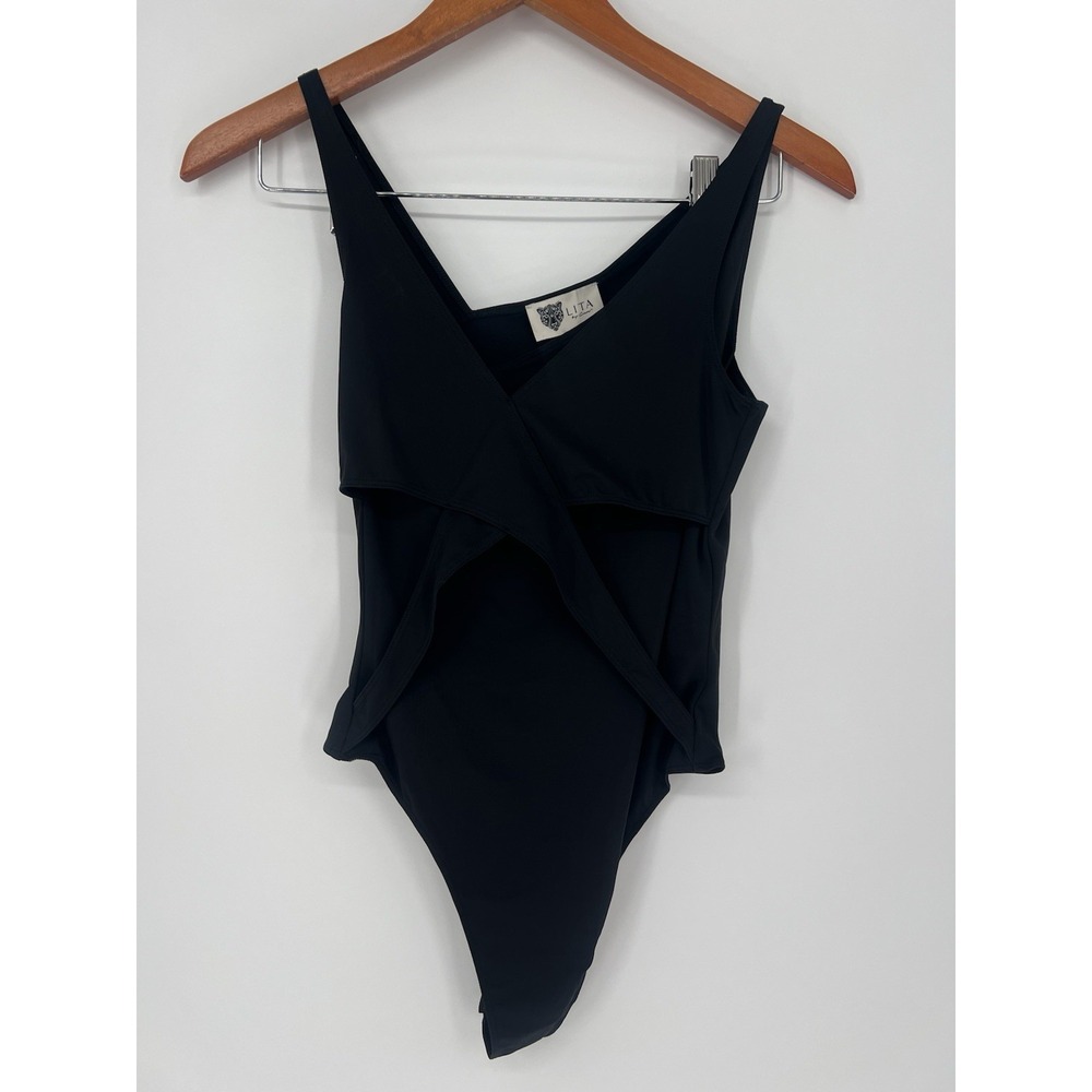 NWT LITA by Ciara Black Criss Cross Overlay Sleeveless Bodysuit Asym Back Sz XS